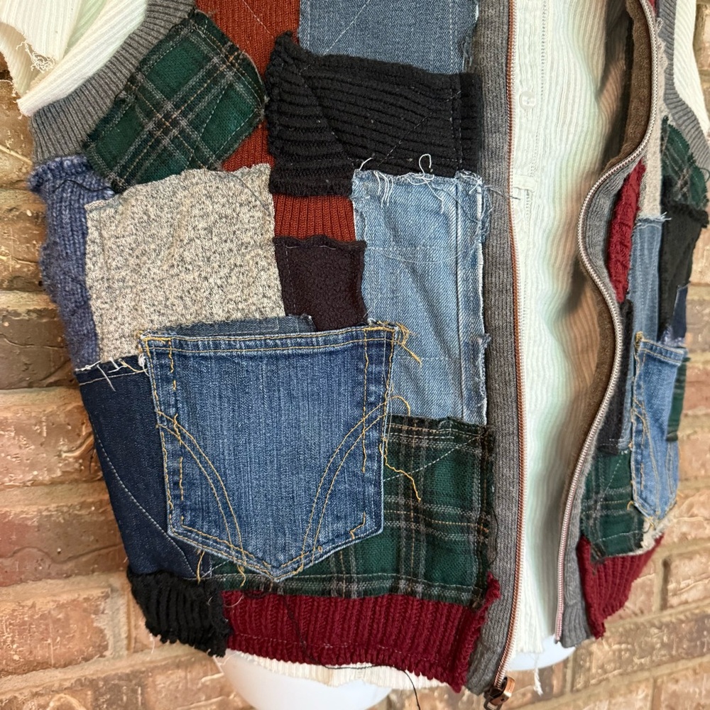 Upcycled Patchwork Vintage Vest Rustic Raw-Edge D… - image 5